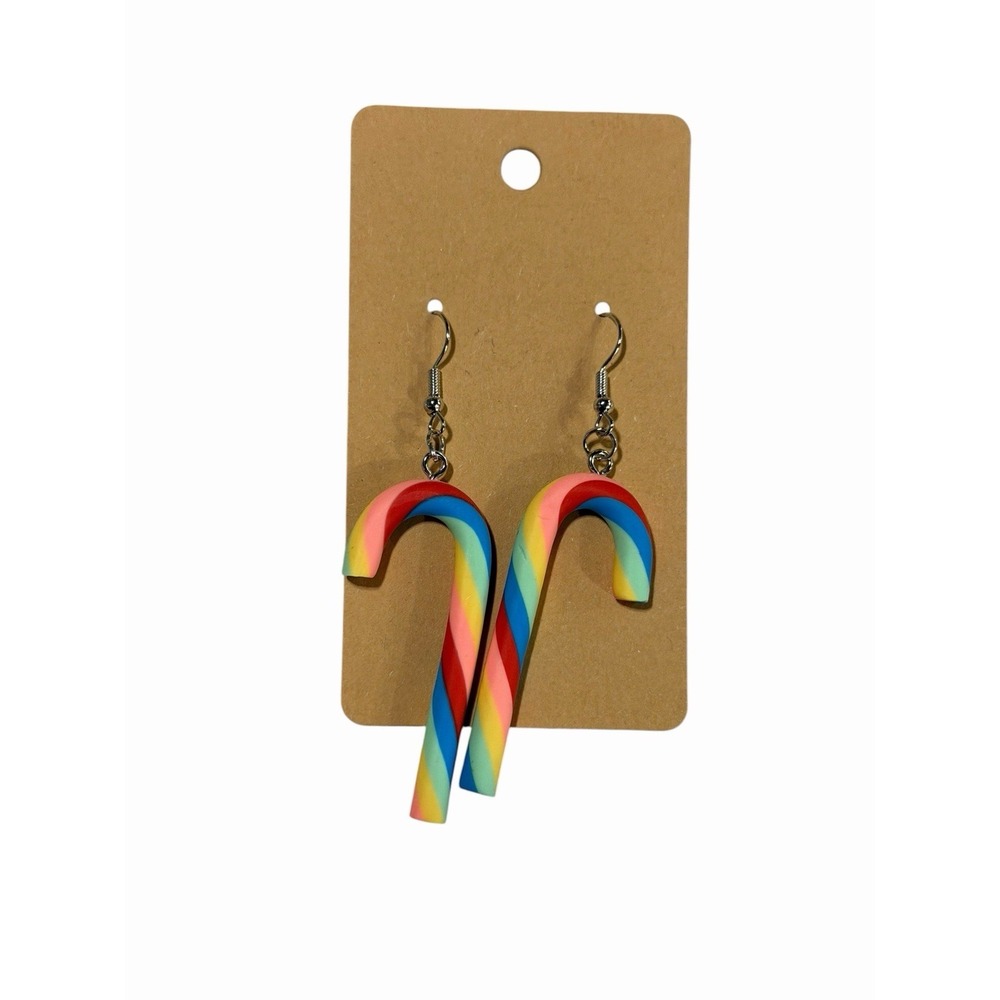 Rainbow‎ Striped Candy Cane Drop Earrings Holiday Festive Pride Novelty Jewelry